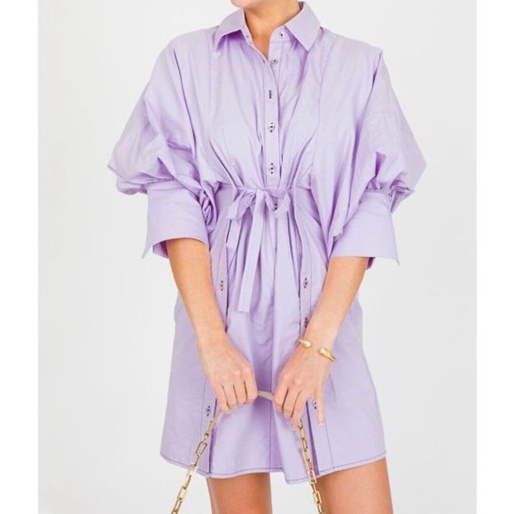 CES Femme Women’s Lavender Puff Sleeve Button Front Dress Sz Large NEW
